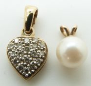 A 9ct gold heart pendant set with diamonds and a 9ct gold pendant set with a pearl