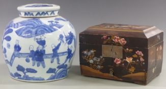 Chinese blue and white ginger jar and a lacquer box