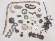 A collection of jewellery including cut steel, paste, silver ring, white metal fleur de lys