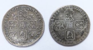 George II 1728 young head sixpence plumes in angles reverse, F, together with a 1750 old head