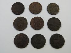 Eight British 18thC copper halfpenny/Conder tokens, Leeds, London, Macclesfield, Leek, India