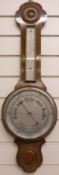 Banjo style mid twentieth century aneroid barometer / thermometer, British made to silvered style