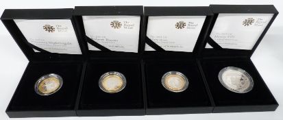 Four silver proof coins including 2009 £2 Robert Burns, 2010 £2 Florence Nightingale 2011 £2 Mary