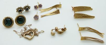 Three pairs of 9ct gold ribbon earrings, a pair of 9ct gold studs, other yellow metal earrings etc
