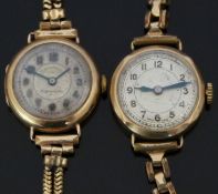 Two 9ct gold ladies wristwatches both with blued hands, Arabic numerals and silver faces, on gold
