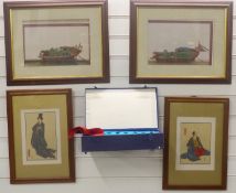 Two Japanese watercolours 22cm x 32cm, two Chinese prints of junks and an Oriental chess set