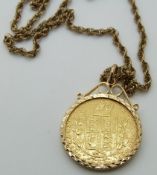 An 1864 gold full sovereign in 9ct gold mount, on 9ct gold rope chain, 14.5g