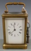 Late 19thC brass carriage clock in corniche style case, with white Roman dial and Breguet style