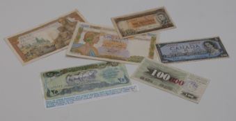 A selection of world banknotes, six in all to include Australian, Canada, France and Iraq, 1941