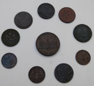 Ten various 19thC tokens to include Workhouse Birmingham, Newfoundland, Bank of Canada 1850, Trade
