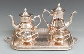 Silver plated tea and coffee set on tray, length 49cm
