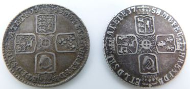 George II 1745 sixpence together with a 1758 example, both VF