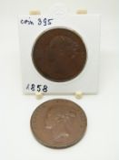 1858 Victorian copper penny OT, EF+ together with a further 1858 over 7 example, VF+