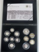 Royal Mint 2009 silver proof coin set comprising 12 coins from five pounds to one penny, with