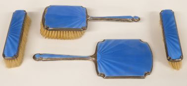 Art Deco blue guilloche enamel hallmarked silver dressing table set comprising hand mirror and three