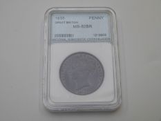 Victorian 1855 young head copper penny NNC slabbed graded MS-62BR