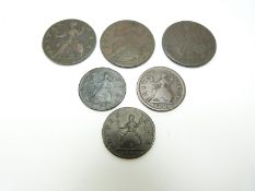 George II halfpenny 1735 younger head, 1753 GF, 1746 F, and three farthings 1731 young head 1737 and
