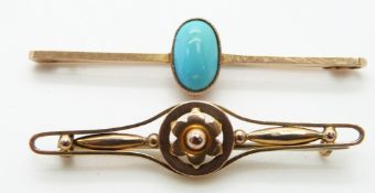 A 9ct gold brooch set with a turquoise cabochon and another Edwardian brooch