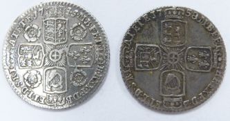 George II 1745 sixpence, old head, roses in angles, F, together with a 1758 plain angles example,