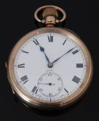 Zenith 9ct gold keyless winding open faced pocket watch with inset subsidiary seconds dial, blued