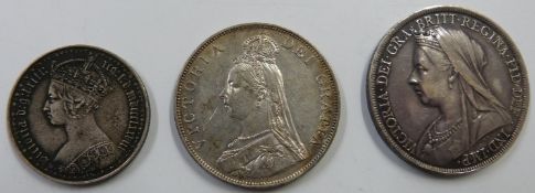 1900 veiled head Victorian crown, an 1889 Jubilee double florin and an 1883 Gothic florin, all