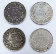 Four young head Victorian sixpences, one for 1871 and three for 1872, die numbers 38, 8, 43 and