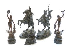 Five classically themed spelter figures including two on horseback, tallest 36cm
