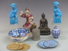Chinese pewter tobacco or tea caddy, Chinese figures, cloisonné dishes, Dog of Fo figures etc,