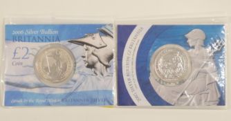 2005 one ounce silver Britannia together with a 2006 example in presentation packs