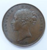 1857 Victorian copper penny, VF-EF, plain trident