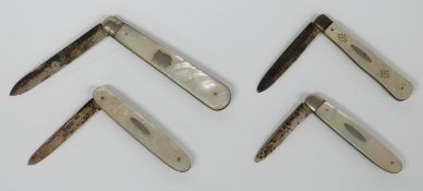 Four Victorian and later hallmarked silver and mother of pearl fruit or pocket knives comprising