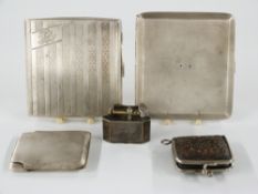Two hallmarked silver cigarette cases and a hallmarked silver math case, weight 238g small Dunhill