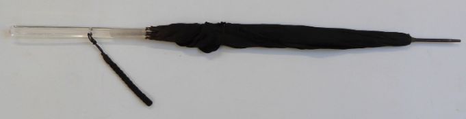 Art Deco parasol with early perspex/celluloid or Lucite handle in the form of an obelisk, the ribs