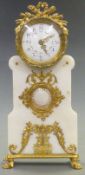 Early twentieth century Alabaster drum cased mantel clock the enamel Arabic dial with filigree brass