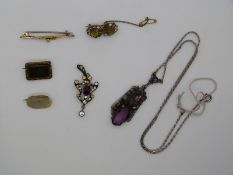 A 9ct gold brooch, paste pendant, paste brooch, mother of pearl brooch, Victorian brooch etc