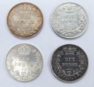 Four Victorian sixpences comprising two 1868 examples with die numbers 7 and 12, and two veiled head