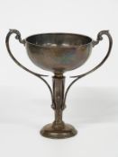 George V hallmarked silver twin handled trophy cup with tapering hexagonal stem, engraved
