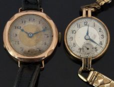 Two 9ct gold ladies wristwatches both with blued hands, two tone faces and black Arabic numerals,