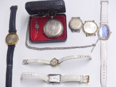 Seven various wrist and pocket watches including a continental silver full hunter pocket watch,