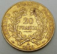 Republique Francais 1851 gold 20 Franc coin 'A' mint mark, 6.40g