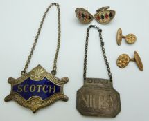 A feature hallmarked silver Sherry label, an enamel Scotch label, pair of silver cufflinks and a
