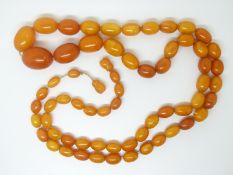 A Baltic amber necklace made up of graduated oval beads, largest bead 2.4 x 1.7cm, smallest 1 x 0.