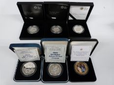 Six silver proof commemorative coins including two 2015 £5 The Royal Birth, Queen Mother 90th