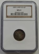 1859 NGC slabbed first young head Victorian sixpence, MS 61, with toning