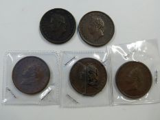 Five VF-EE George IV copper pennies 1825 and 1826, two of the 1826 examples having the thick line