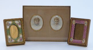 Framed pair of portrait miniatures of ladies, overall size 16 x 21cm, and two enamel photograph