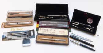 Eight Parker, Waterman's and similar pens and propelling pencils together with a Parker tape