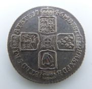 George II 1746 old head sixpence, LIMA below bust, plain angles reverse, seven harp strings, NVF