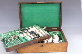 Walker and Hall six place setting canteen of silver plated cutlery in oak case, with letter dated