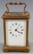 Late 19th / early 20thC brass carriage clock with white enamel dial and blued spade hands, 11cm
